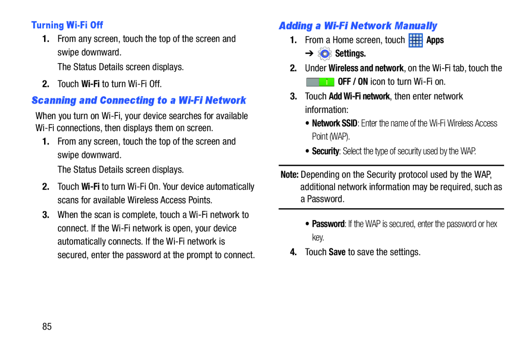 Samsung GT-P5210GNYXAR Adding a Wi-Fi Network Manually, Turning Wi-Fi Off, Settings, OFF / on icon to turn Wi-Fi on 