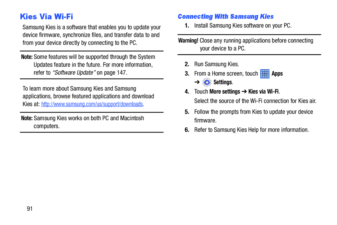 Samsung GT-P5210GNYXAR Kies Via Wi-Fi, Connecting With Samsung Kies, Settings Touch More settings Kies via Wi-Fi 