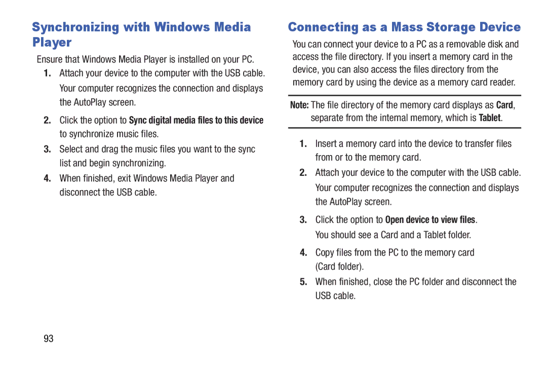 Samsung GT-P5210GNYXAR user manual Synchronizing with Windows Media Player, Connecting as a Mass Storage Device 