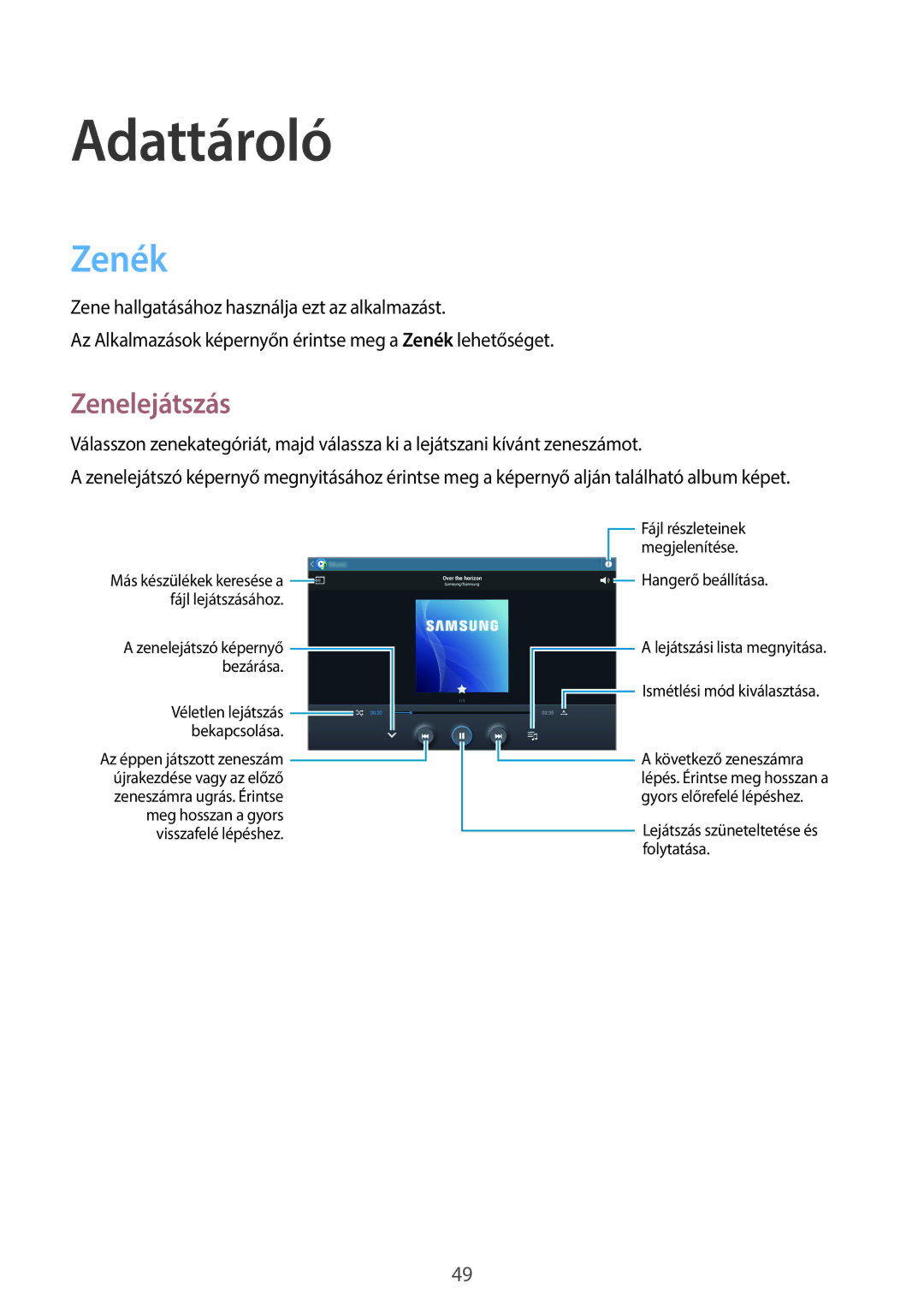 Samsung GT-P5210ZWACOA, GT-P5210MKAXEO, GT-P5210ZWAXEO, GT-P5210ZWAATO, GT-P5210GNAATO manual Adattároló, Zenék, Zenelejátszás 