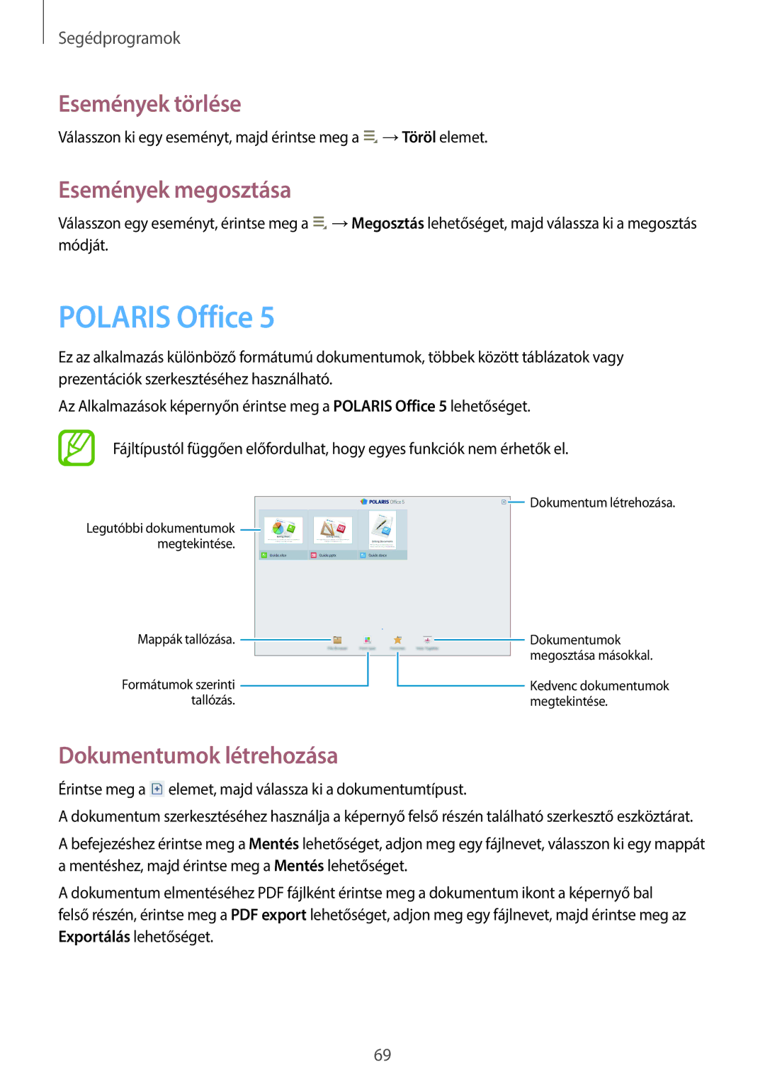 Samsung GT-P5210ZWAXEO, GT-P5210MKAXEO Polaris Office, Események törlése, Események megosztása, Dokumentumok létrehozása 