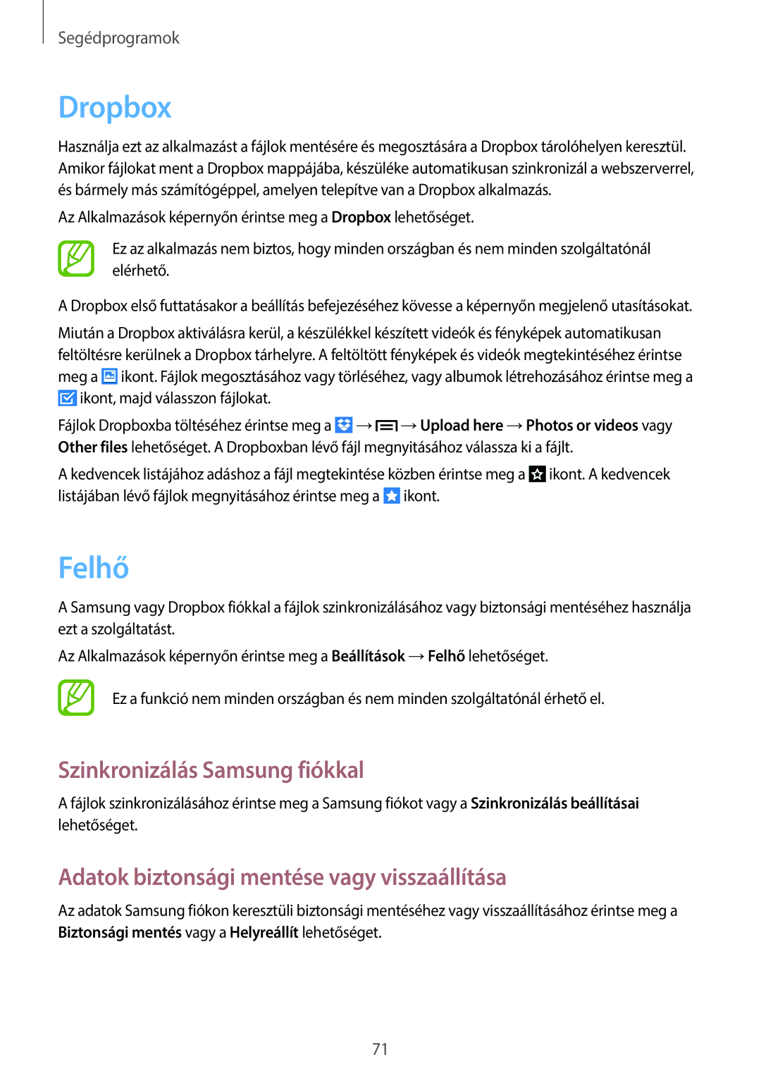 Samsung GT-P5210GNAATO manual Dropbox, Felhő, Szinkronizálás Samsung fiókkal, Adatok biztonsági mentése vagy visszaállítása 