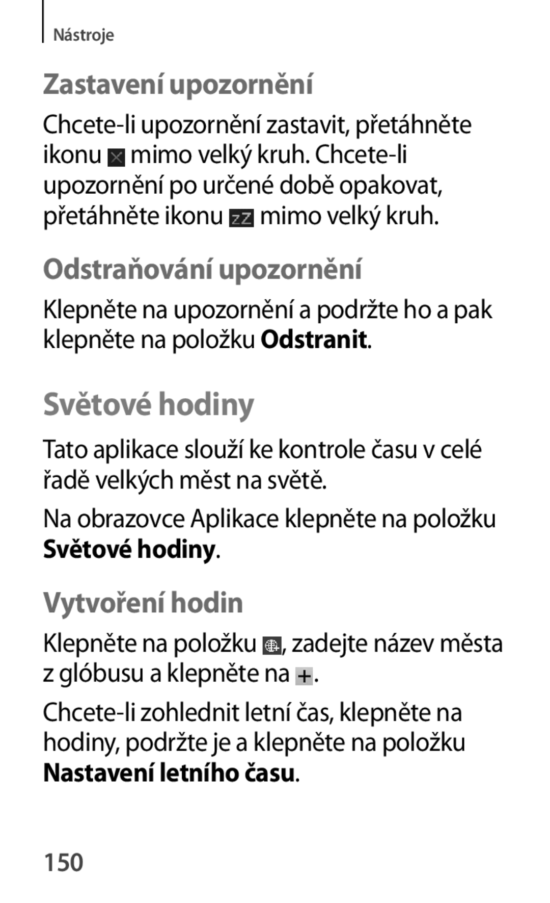 Samsung GT-P5210MKAXEZ, GT-P5210MKAXEO Světové hodiny, Zastavení upozornění, Odstraňování upozornění, Vytvoření hodin, 150 