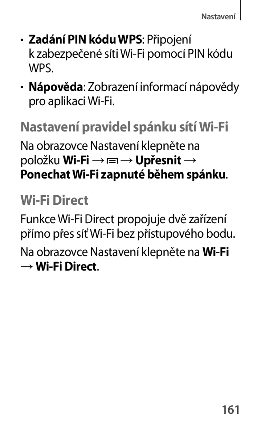 Samsung GT-P5210ZWXXEZ manual Zadání PIN kódu WPS Připojení, Ponechat Wi-Fi zapnuté během spánku, → Wi-Fi Direct, 161 