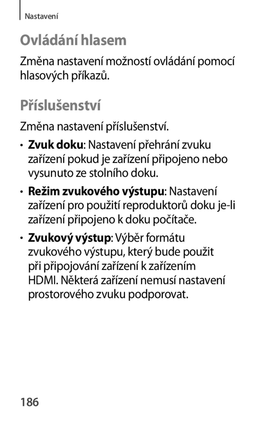 Samsung GT-P5210GNAAUT Ovládání hlasem, Příslušenství, Změna nastavení možností ovládání pomocí hlasových příkazů, 186 