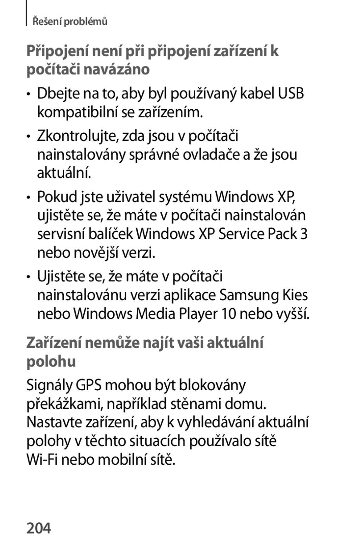 Samsung GT-P5210MKAXEO, GT-P5210ZWAXEO, GT-P5210ZWAATO manual Připojení není při připojení zařízení k počítači navázáno, 204 