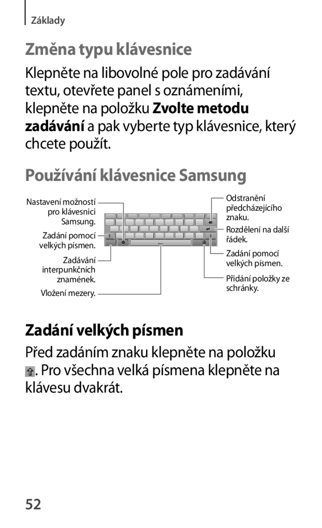 Samsung GT-P5210ZWAXEO, GT-P5210MKAXEO manual Změna typu klávesnice, Používání klávesnice Samsung, Zadání velkých písmen 