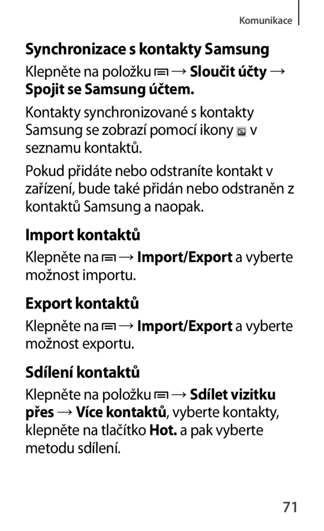 Samsung GT-P5210GNAATO manual Import kontaktů, Export kontaktů, Sdílení kontaktů, Synchronizace s kontakty Samsung 