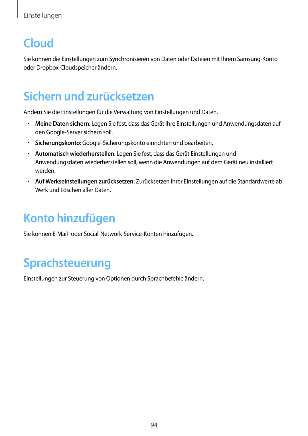 Samsung GT-P5210GNATUR, GT-P5210MKAXEO, GT-P5210ZWAXEO Cloud, Sichern und zurücksetzen, Konto hinzufügen, Sprachsteuerung 