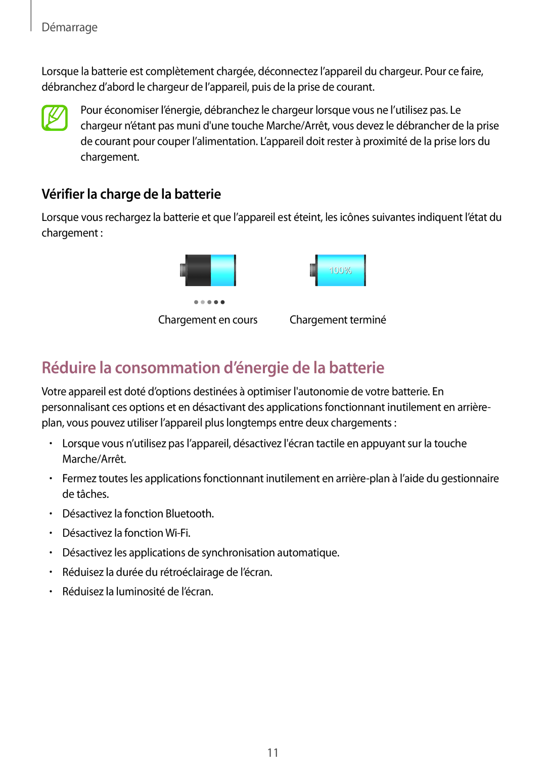 Samsung GT-P5210GNABGL, GT-P5210ZWABGL Réduire la consommation d’énergie de la batterie, Vérifier la charge de la batterie 