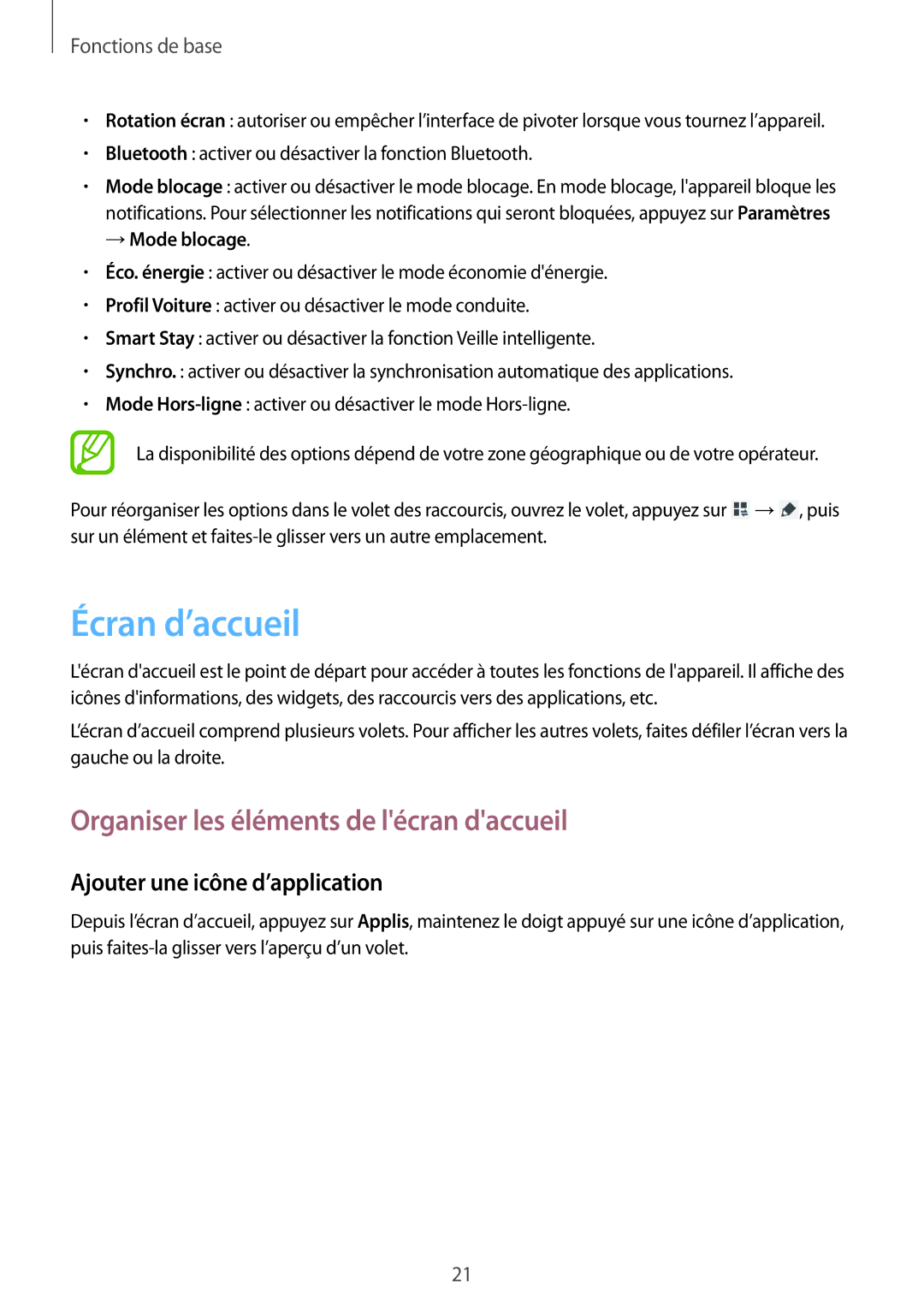 Samsung GT-P5210ZWABGL manual Écran d’accueil, Organiser les éléments de lécran daccueil, Ajouter une icône d’application 