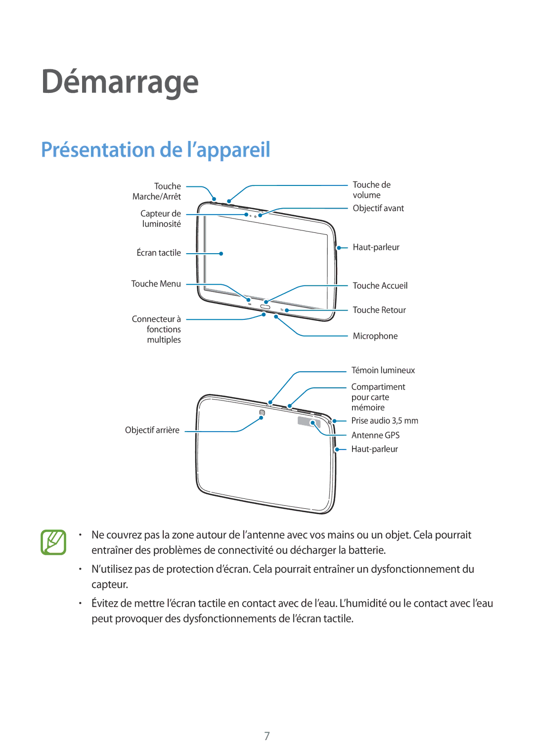 Samsung GT-P5210MKABGL, GT-P5210ZWABGL, GT-P5210GNABGL manual Démarrage, Présentation de l’appareil 