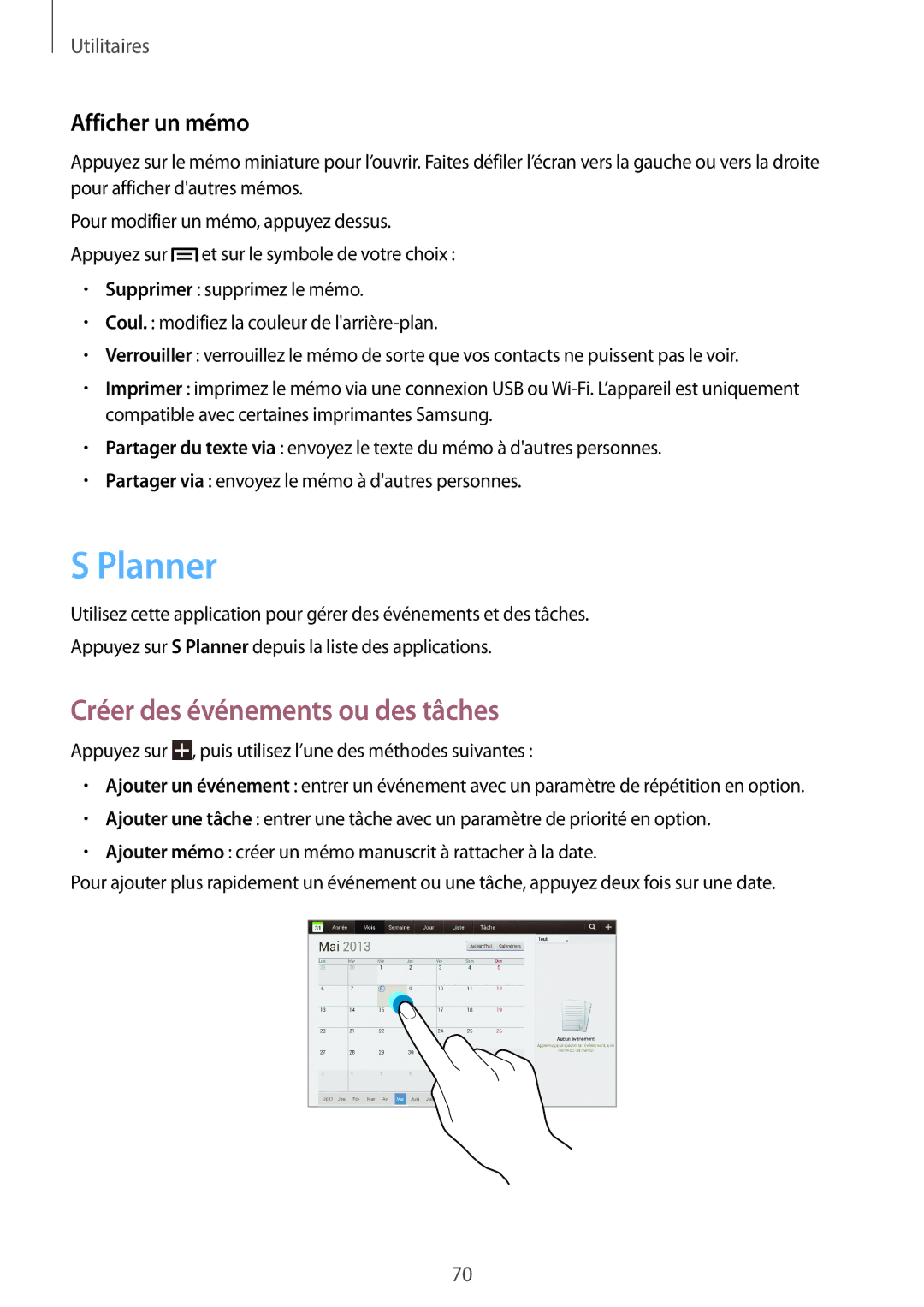 Samsung GT-P5210MKABGL, GT-P5210ZWABGL, GT-P5210GNABGL manual Planner, Créer des événements ou des tâches, Afficher un mémo 