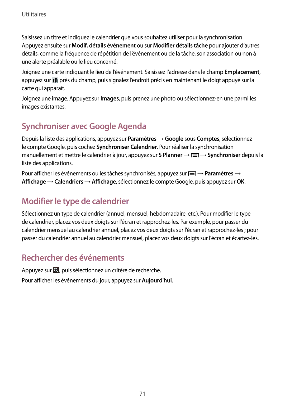 Samsung GT-P5210GNABGL manual Synchroniser avec Google Agenda, Modifier le type de calendrier, Rechercher des événements 