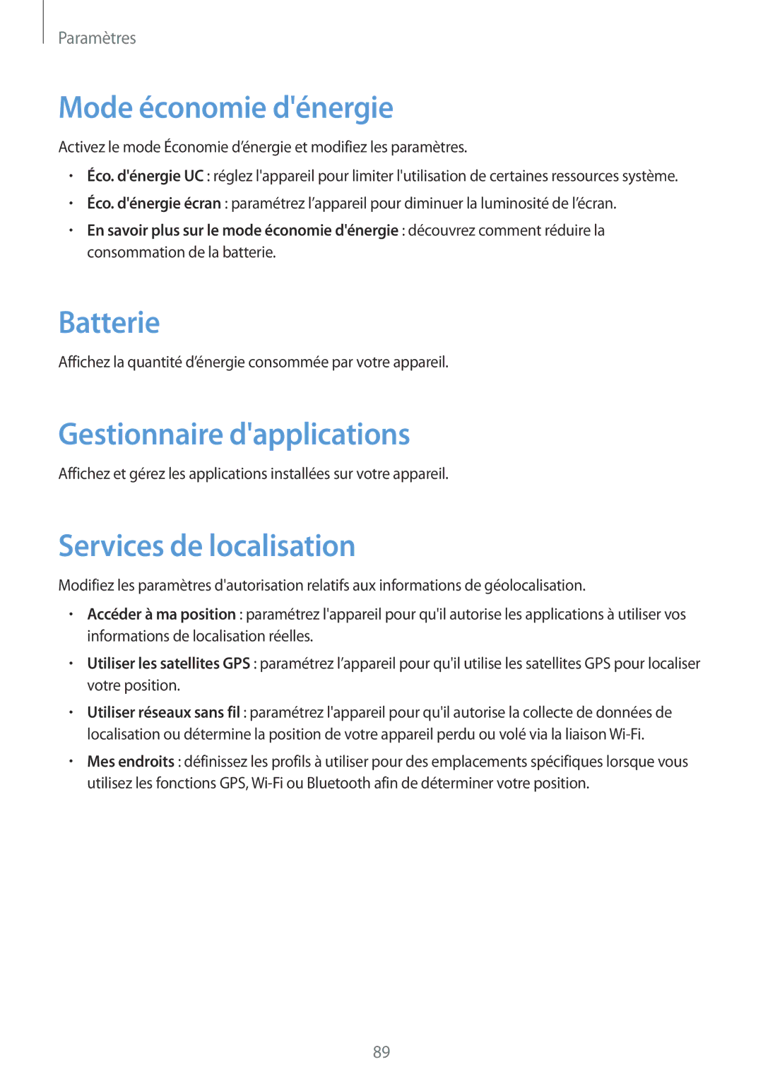 Samsung GT-P5210GNABGL manual Mode économie dénergie, Batterie, Gestionnaire dapplications, Services de localisation 