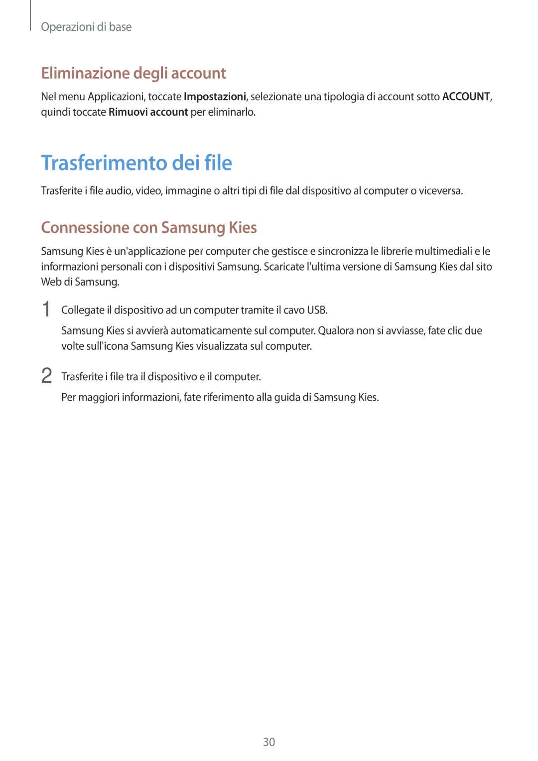 Samsung GT-P5210ZWATUR, GT-P5210ZWADBT Trasferimento dei file, Eliminazione degli account, Connessione con Samsung Kies 