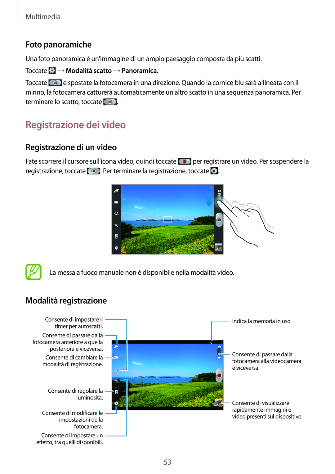 Samsung GT-P5210ZWAITV manual Registrazione dei video, Foto panoramiche, Registrazione di un video, Modalità registrazione 