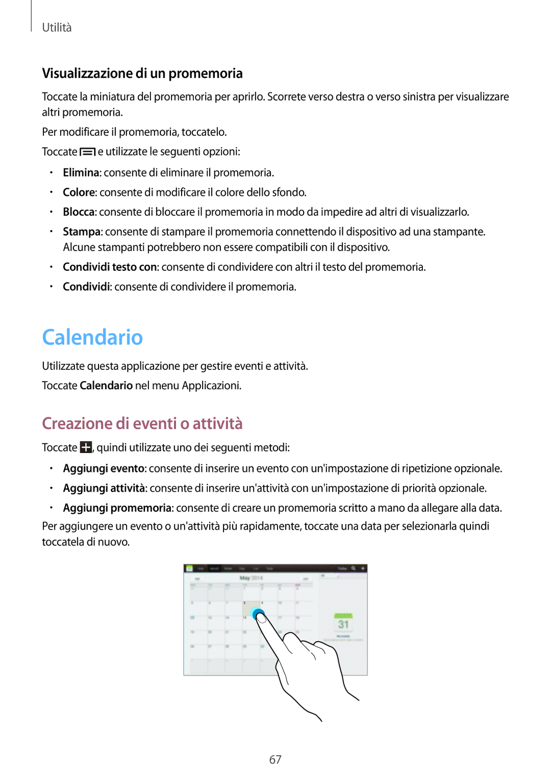 Samsung GT-P5210MKAAUT, GT-P5210ZWADBT manual Calendario, Creazione di eventi o attività, Visualizzazione di un promemoria 