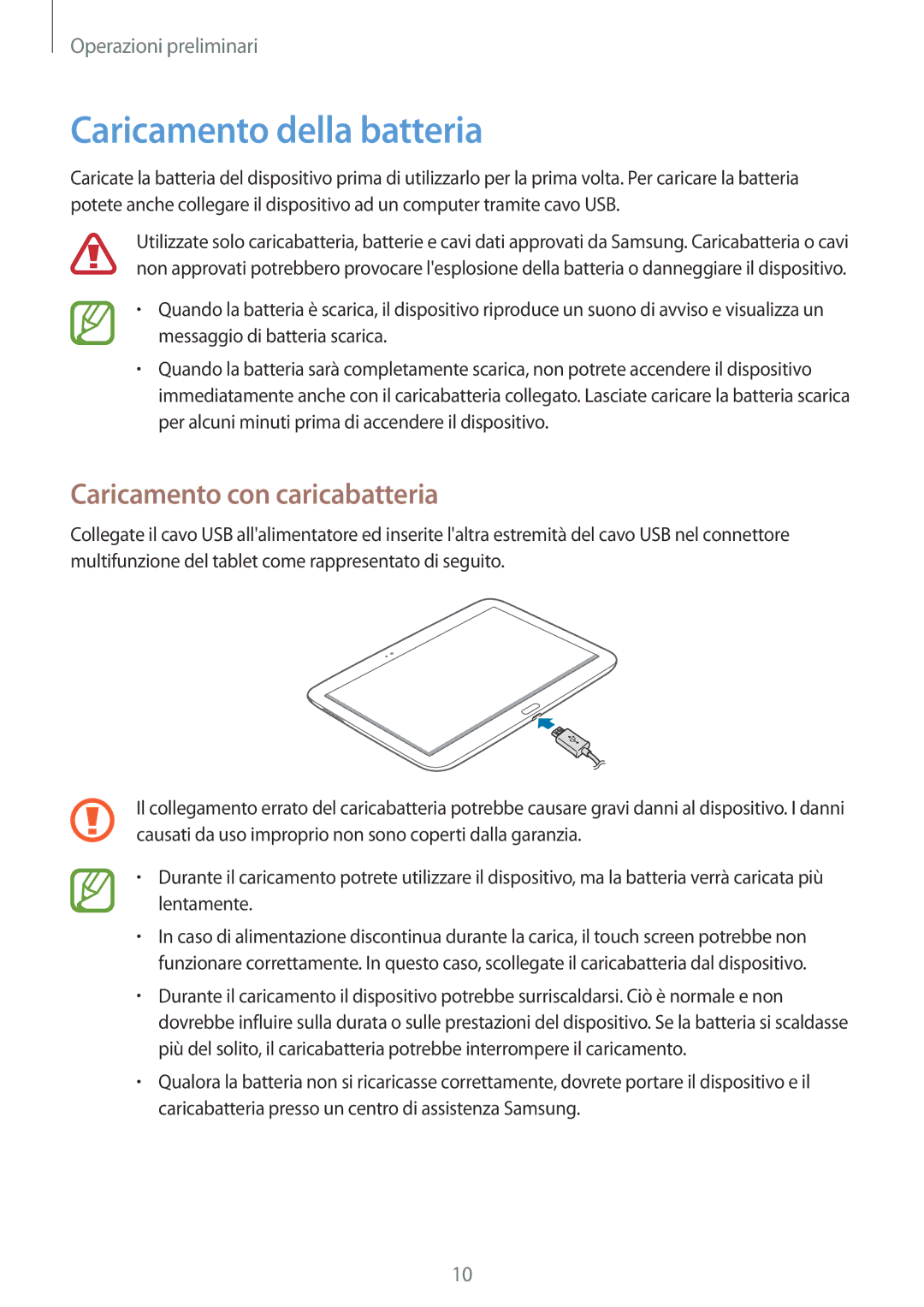 Samsung GT-P5210ZWATUR, GT-P5210ZWADBT, GT-P5210ZWAITV manual Caricamento della batteria, Caricamento con caricabatteria 