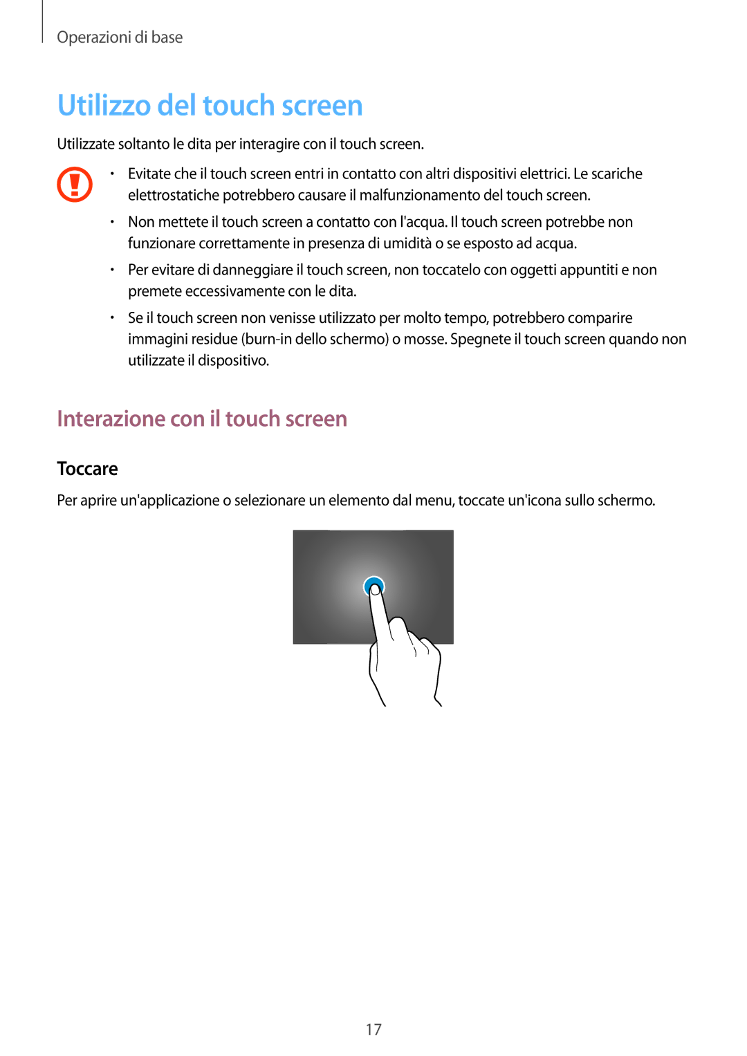 Samsung GT-P5210ZWAITV, GT-P5210ZWADBT, GT-P5210ZWATUR Utilizzo del touch screen, Interazione con il touch screen, Toccare 