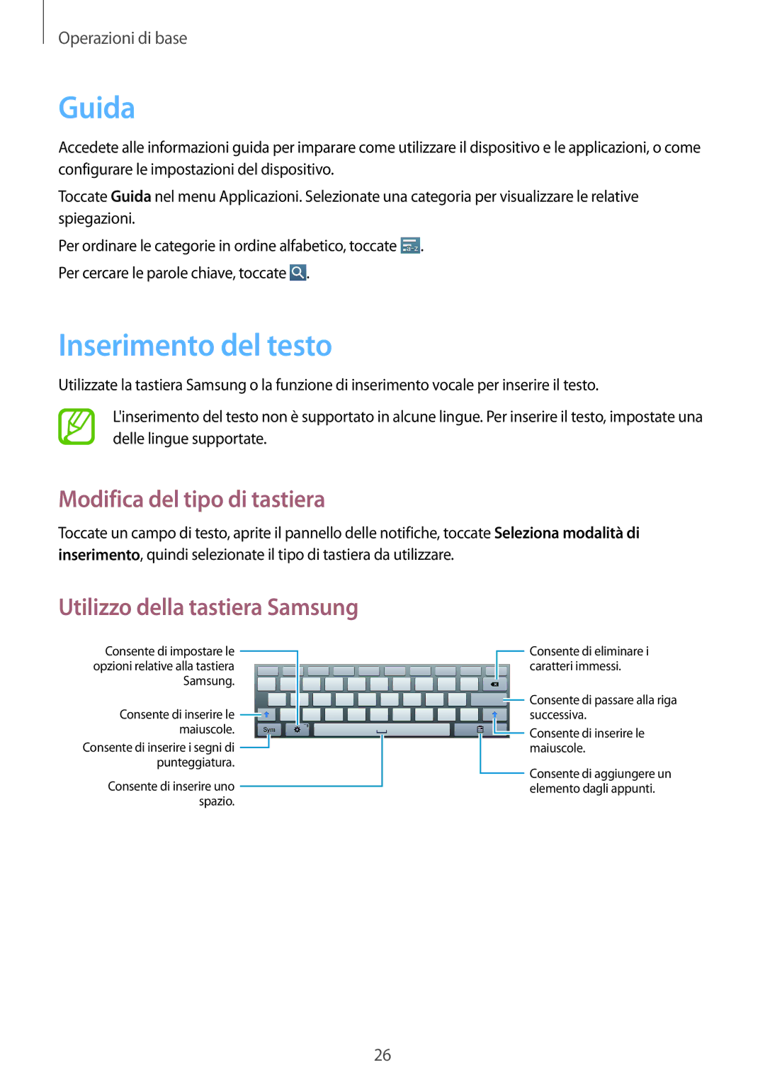 Samsung GT-P5210ZWATUR manual Guida, Inserimento del testo, Modifica del tipo di tastiera, Utilizzo della tastiera Samsung 