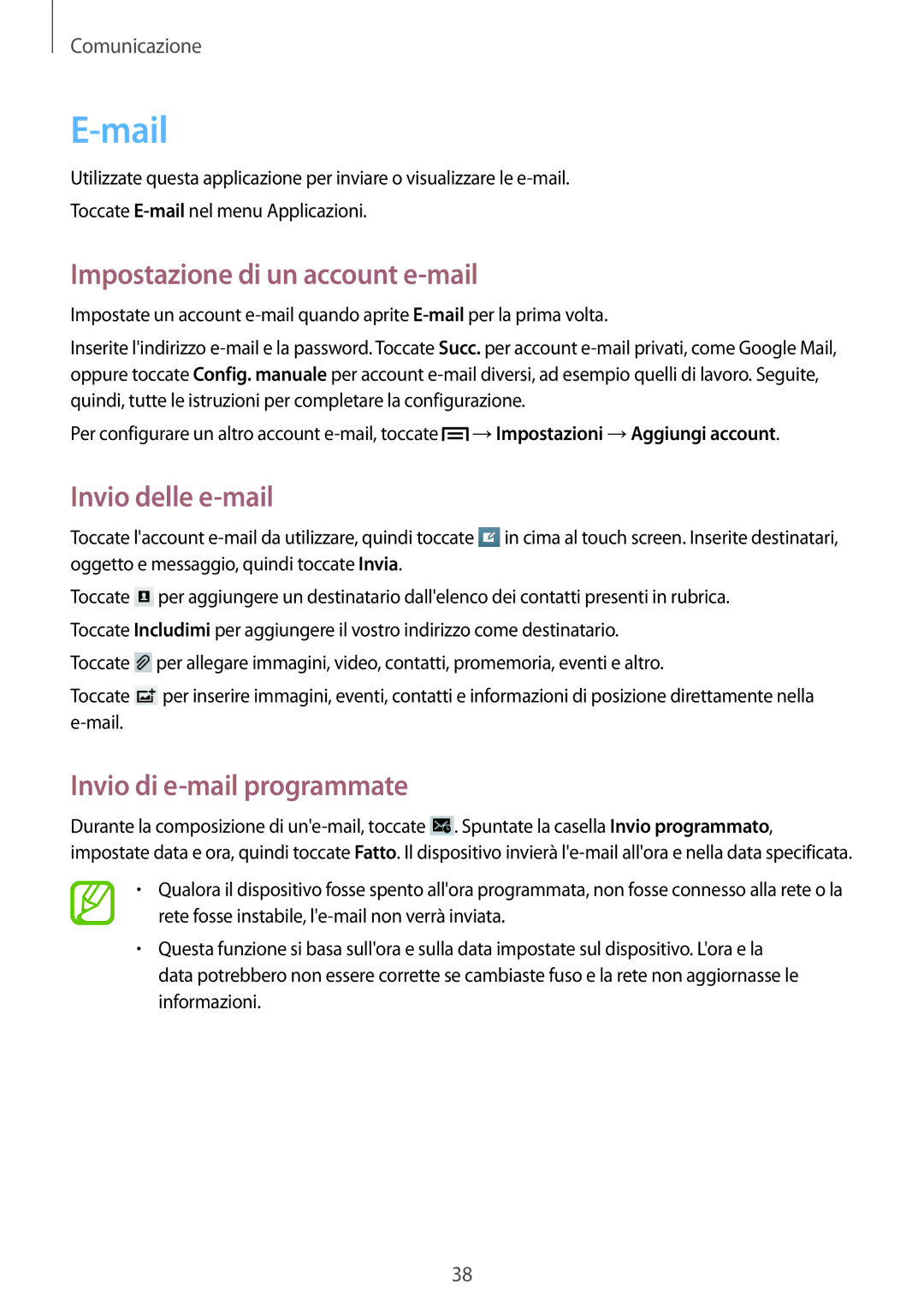 Samsung GT-P5210ZWATUR manual Mail, Impostazione di un account e-mail, Invio delle e-mail, Invio di e-mail programmate 