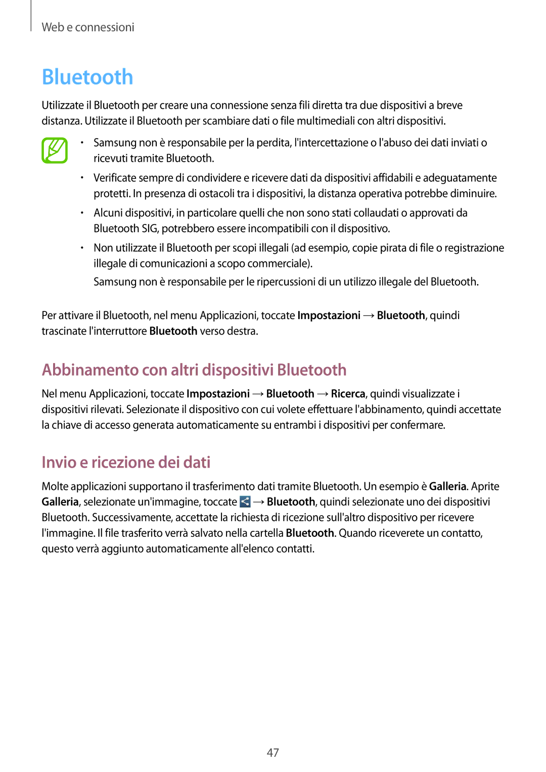 Samsung GT-P5210MKAAUT, GT-P5210ZWADBT manual Abbinamento con altri dispositivi Bluetooth, Invio e ricezione dei dati 