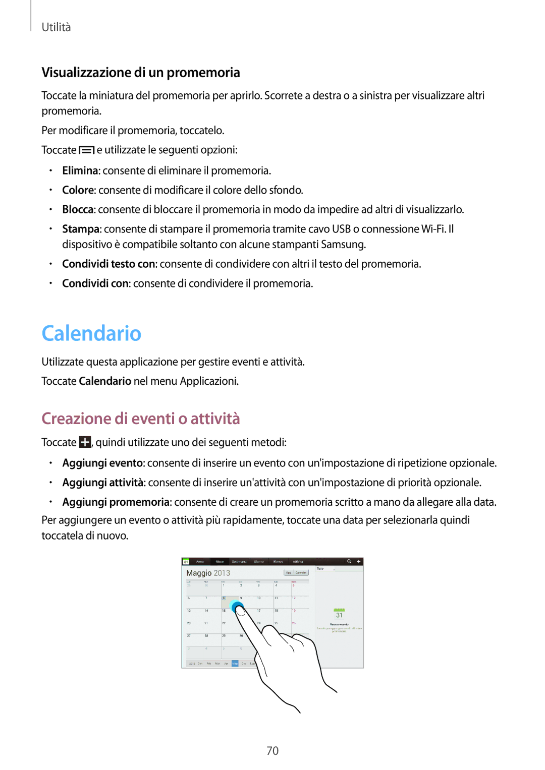 Samsung GT-P5210ZWATUR, GT-P5210ZWADBT manual Calendario, Creazione di eventi o attività, Visualizzazione di un promemoria 