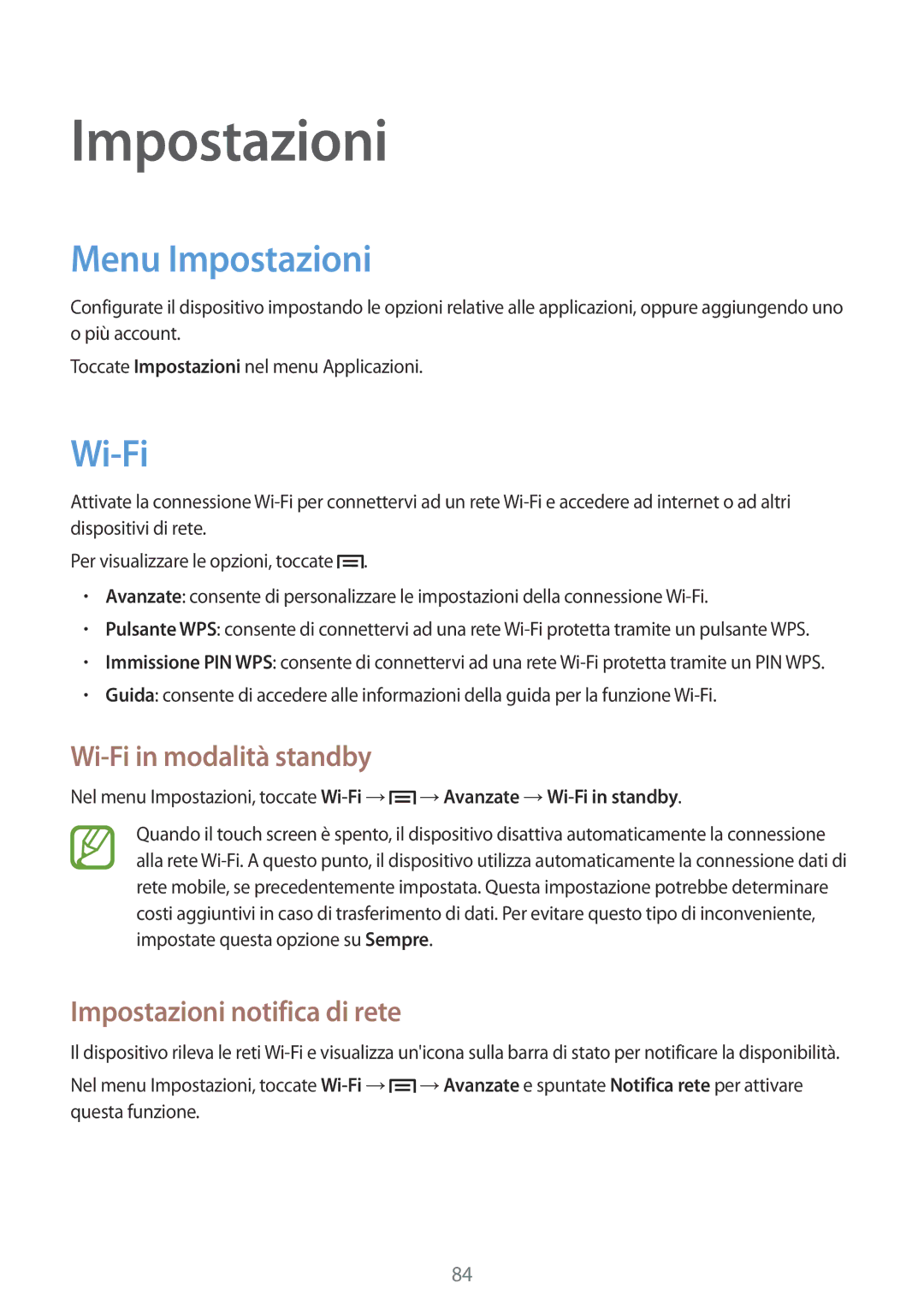 Samsung GT-P5210ZWADBT, GT-P5210ZWAITV Menu Impostazioni, Wi-Fi in modalità standby, Impostazioni notifica di rete 