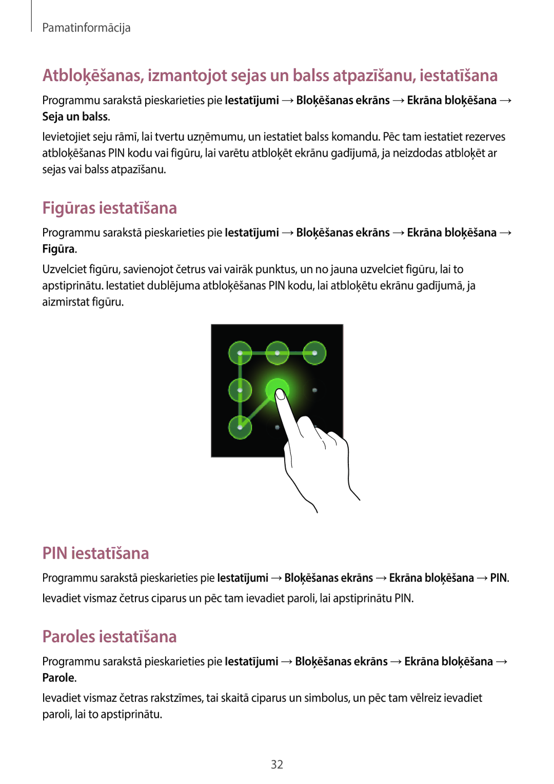 Samsung GT-P5210ZWASEB, GT-P5210MKASEB manual Figūras iestatīšana, PIN iestatīšana, Paroles iestatīšana 