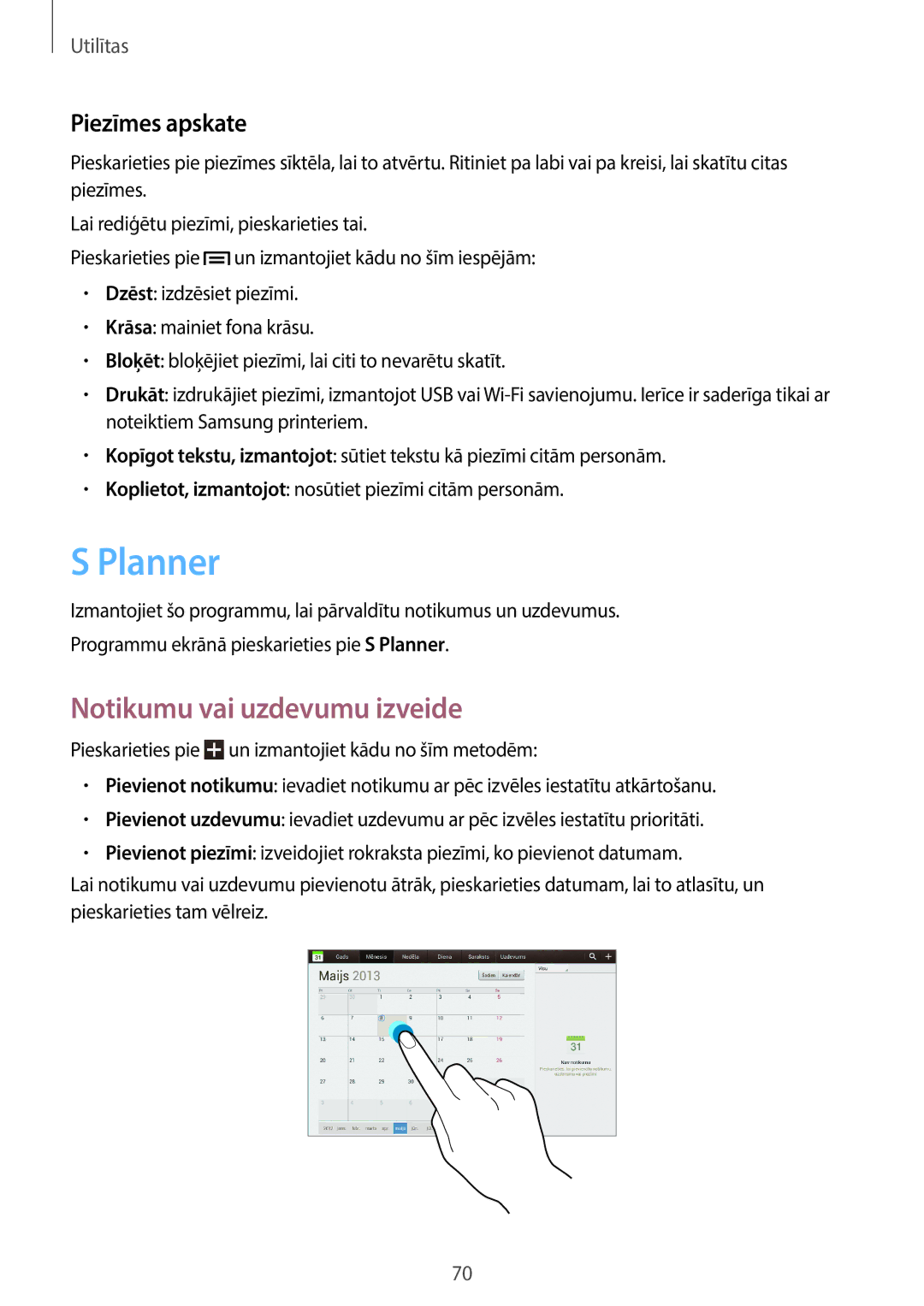 Samsung GT-P5210ZWASEB, GT-P5210MKASEB manual Planner, Notikumu vai uzdevumu izveide, Piezīmes apskate 