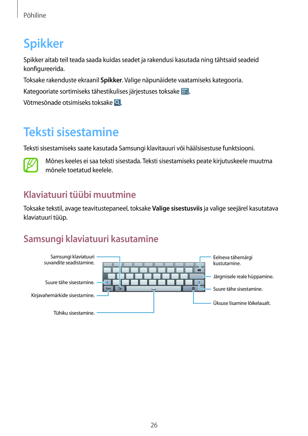 Samsung GT-P5210ZWASEB manual Spikker, Teksti sisestamine, Klaviatuuri tüübi muutmine, Samsungi klaviatuuri kasutamine 