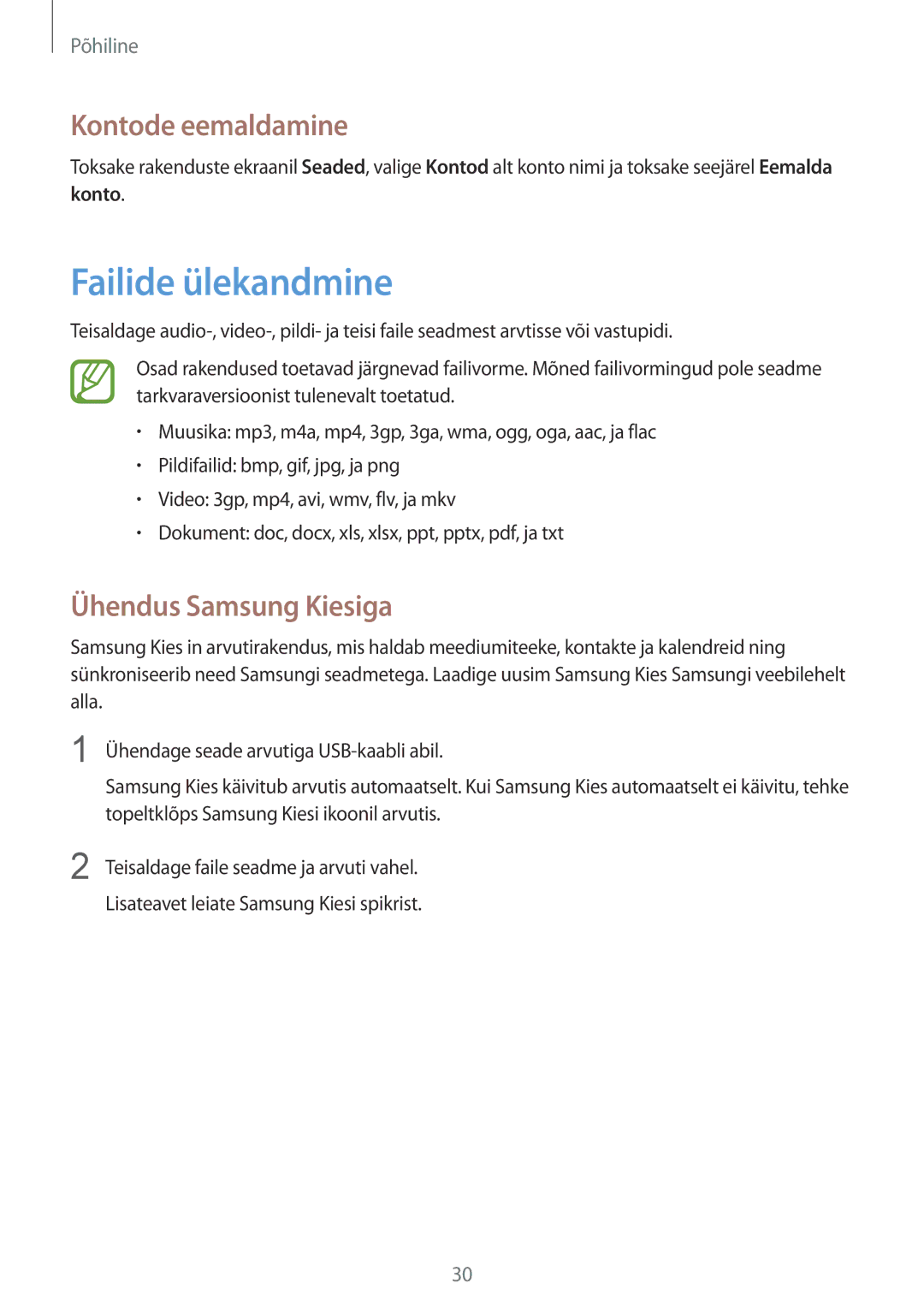 Samsung GT-P5210ZWASEB, GT-P5210MKASEB manual Failide ülekandmine, Kontode eemaldamine, Ühendus Samsung Kiesiga 