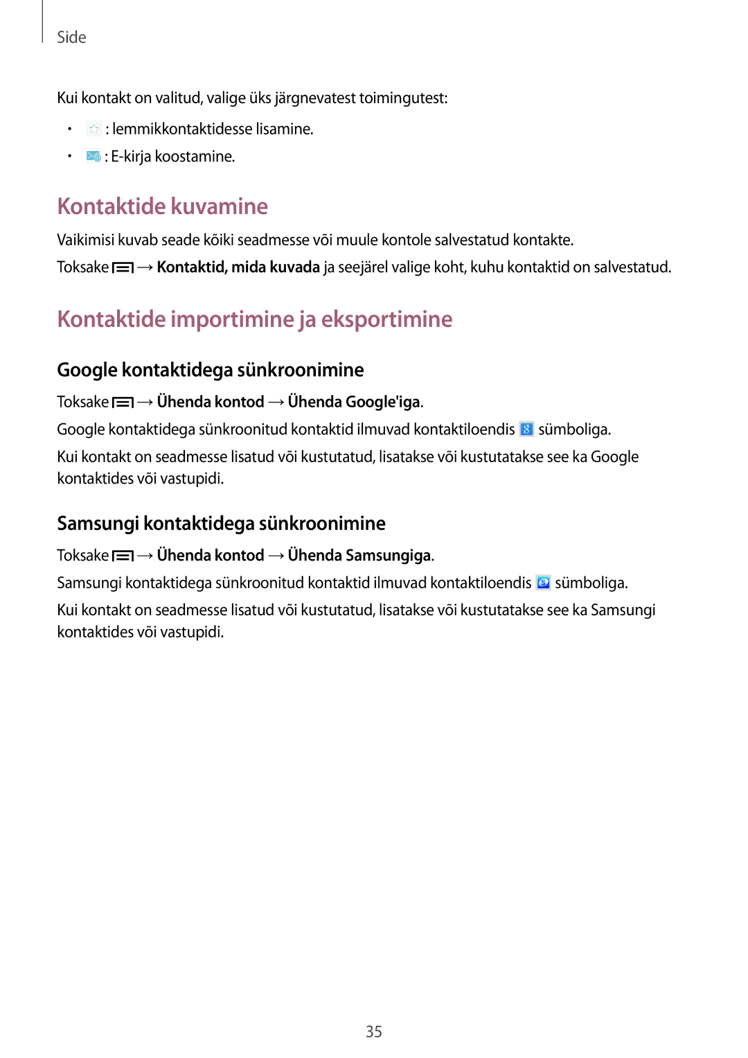 Samsung GT-P5210MKASEB Kontaktide kuvamine, Kontaktide importimine ja eksportimine, Google kontaktidega sünkroonimine 