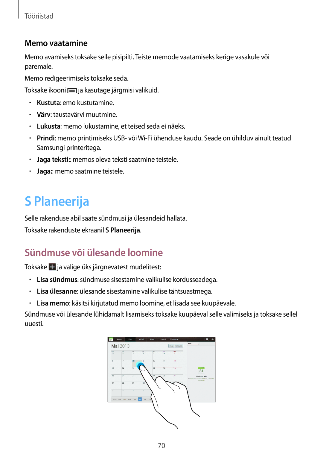 Samsung GT-P5210ZWASEB, GT-P5210MKASEB manual Planeerija, Sündmuse või ülesande loomine, Memo vaatamine 