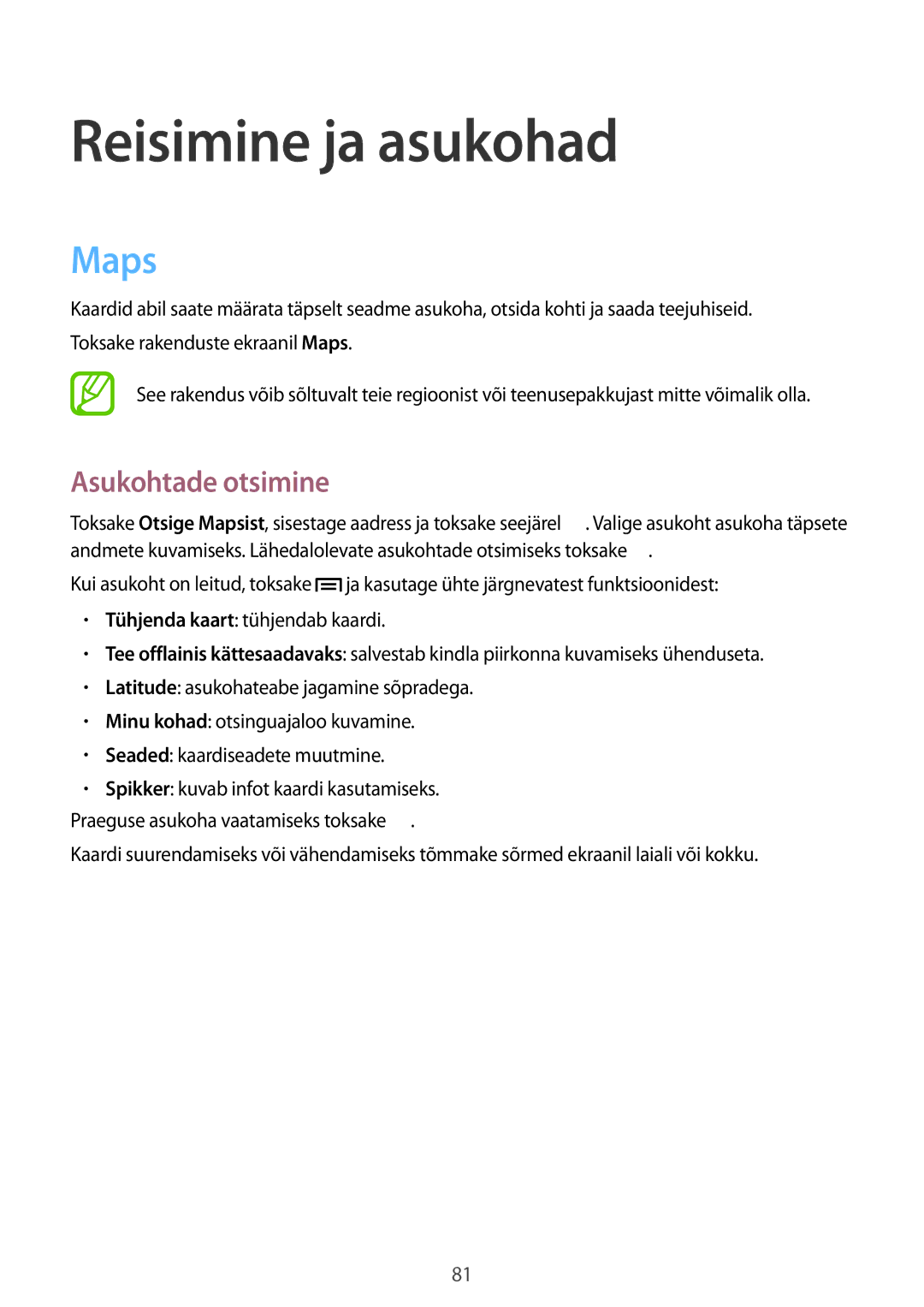 Samsung GT-P5210MKASEB, GT-P5210ZWASEB manual Reisimine ja asukohad, Maps, Asukohtade otsimine 