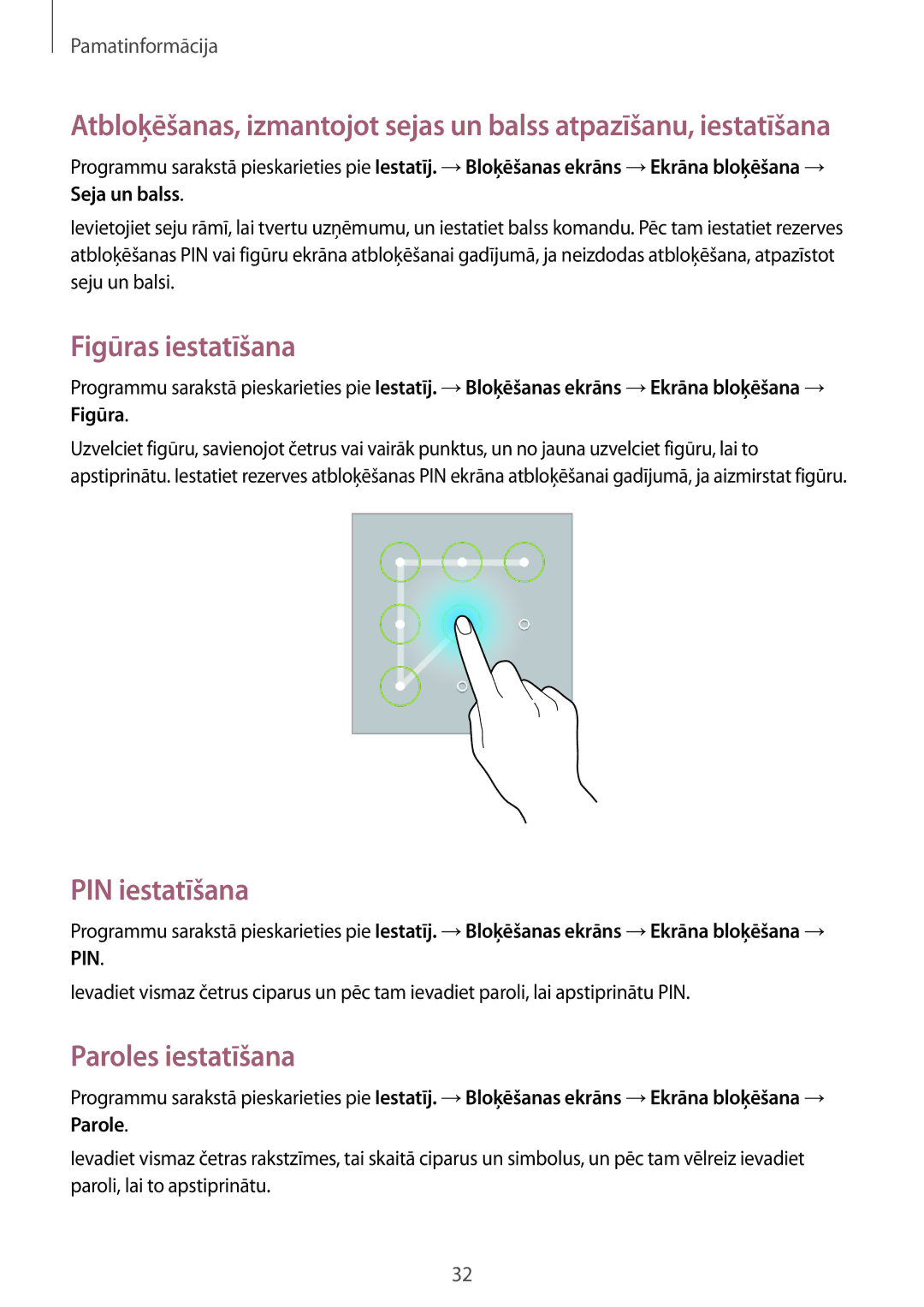 Samsung GT-P5210ZWASEB, GT-P5210MKASEB manual Figūras iestatīšana, PIN iestatīšana, Paroles iestatīšana 