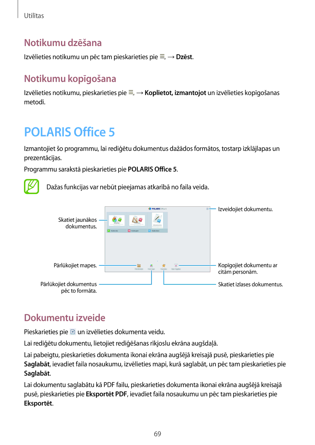 Samsung GT-P5210MKASEB, GT-P5210ZWASEB manual Polaris Office, Notikumu dzēšana, Notikumu kopīgošana, Dokumentu izveide 