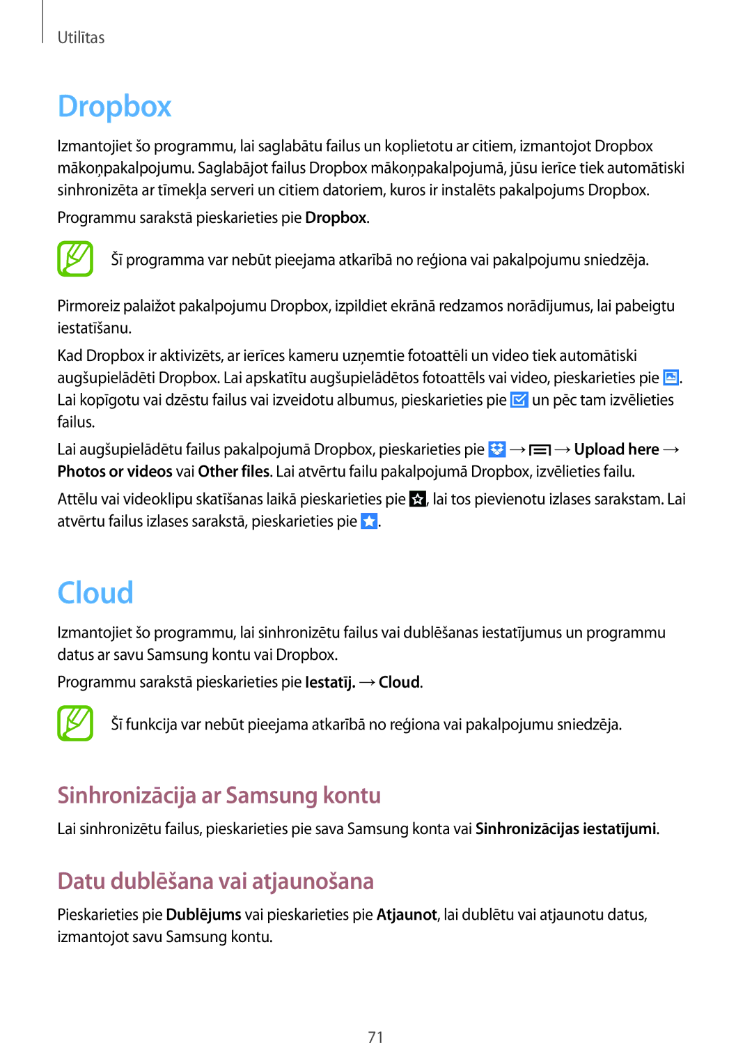 Samsung GT-P5210MKASEB, GT-P5210ZWASEB Dropbox, Cloud, Sinhronizācija ar Samsung kontu, Datu dublēšana vai atjaunošana 