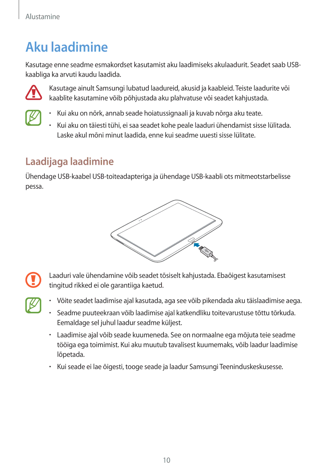 Samsung GT-P5210ZWASEB, GT-P5210MKASEB manual Aku laadimine, Laadijaga laadimine 