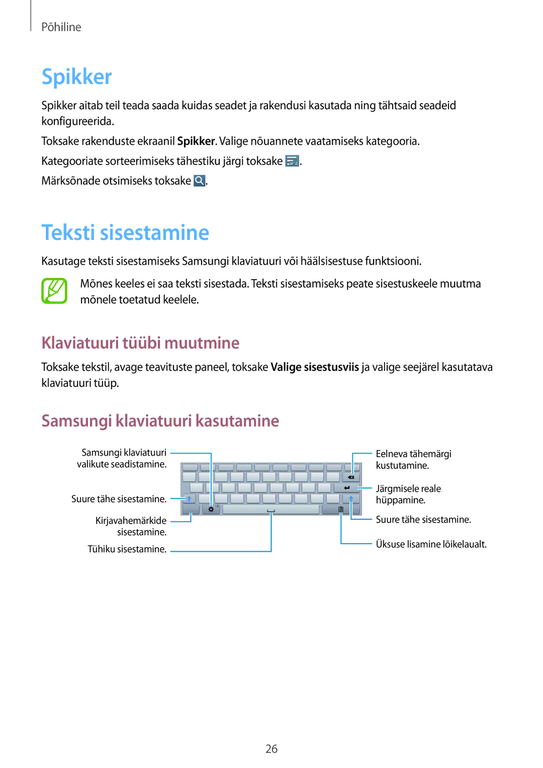 Samsung GT-P5210ZWASEB manual Spikker, Teksti sisestamine, Klaviatuuri tüübi muutmine, Samsungi klaviatuuri kasutamine 