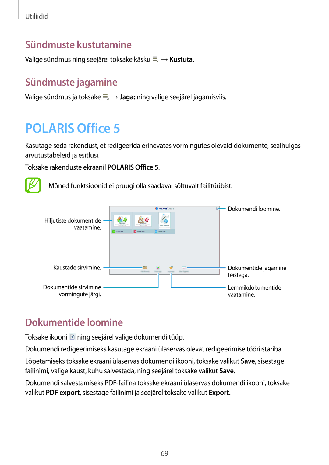 Samsung GT-P5210MKASEB, GT-P5210ZWASEB manual Polaris Office, Sündmuste kustutamine, Sündmuste jagamine, Dokumentide loomine 