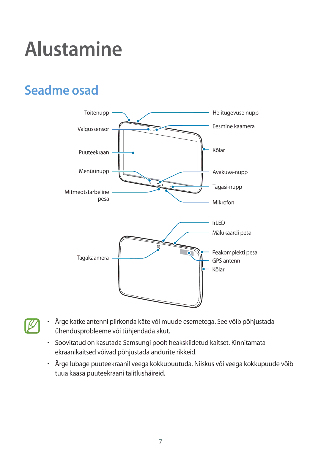 Samsung GT-P5210MKASEB, GT-P5210ZWASEB manual Alustamine, Seadme osad 