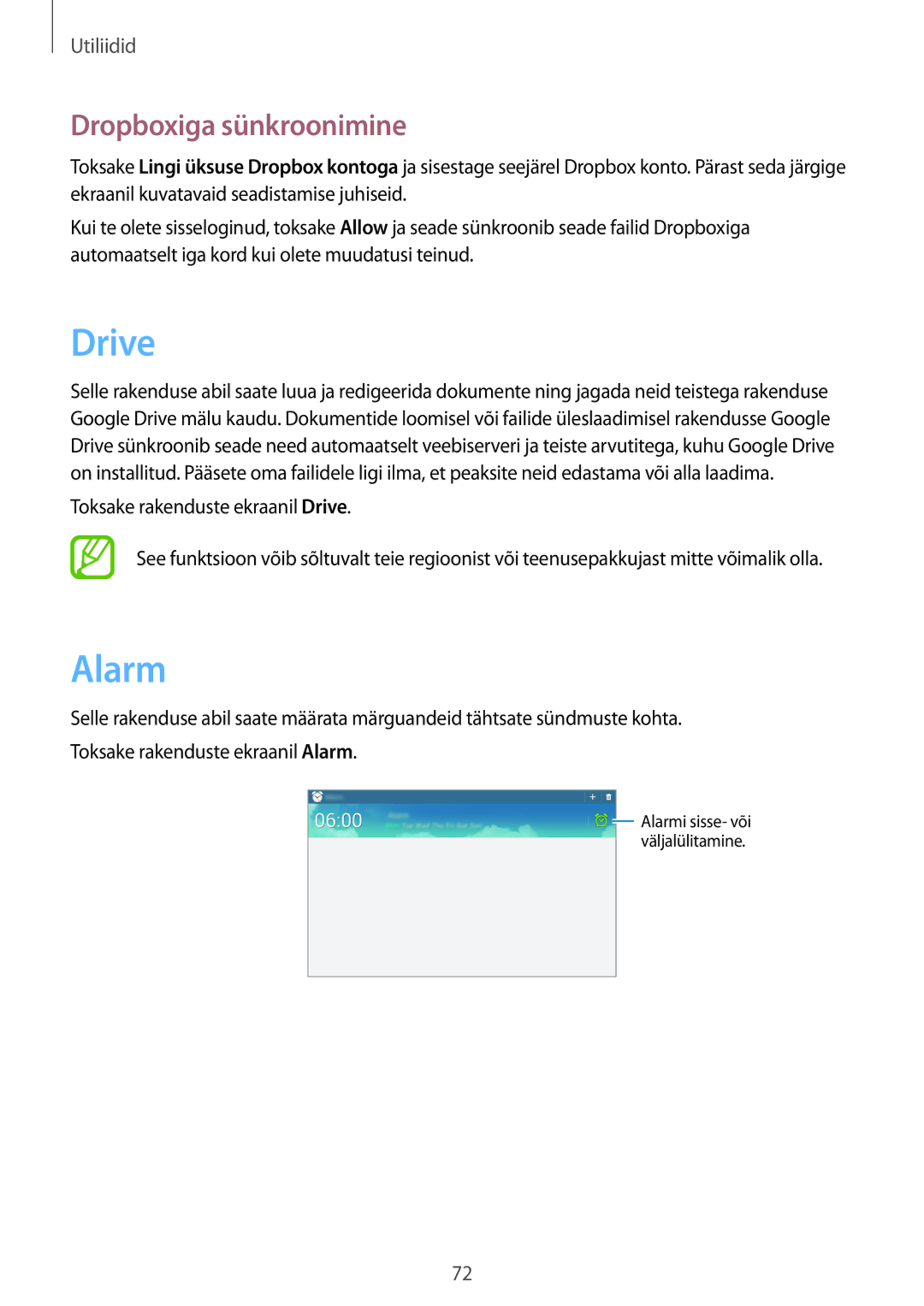 Samsung GT-P5210ZWASEB, GT-P5210MKASEB manual Drive, Alarm, Dropboxiga sünkroonimine 