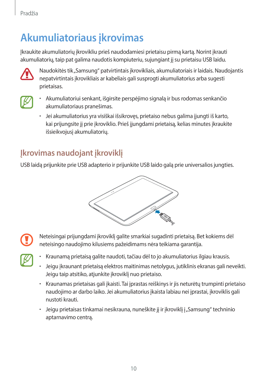 Samsung GT-P5210ZWASEB, GT-P5210MKASEB manual Akumuliatoriaus įkrovimas, Įkrovimas naudojant įkroviklį 