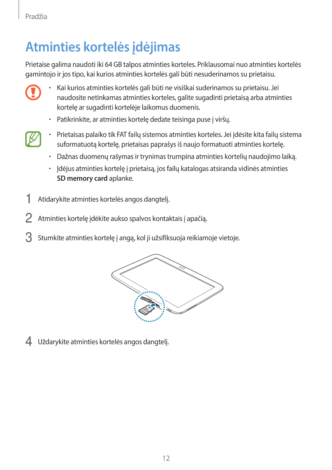 Samsung GT-P5210ZWASEB, GT-P5210MKASEB manual Atminties kortelės įdėjimas, SD memory card aplanke 