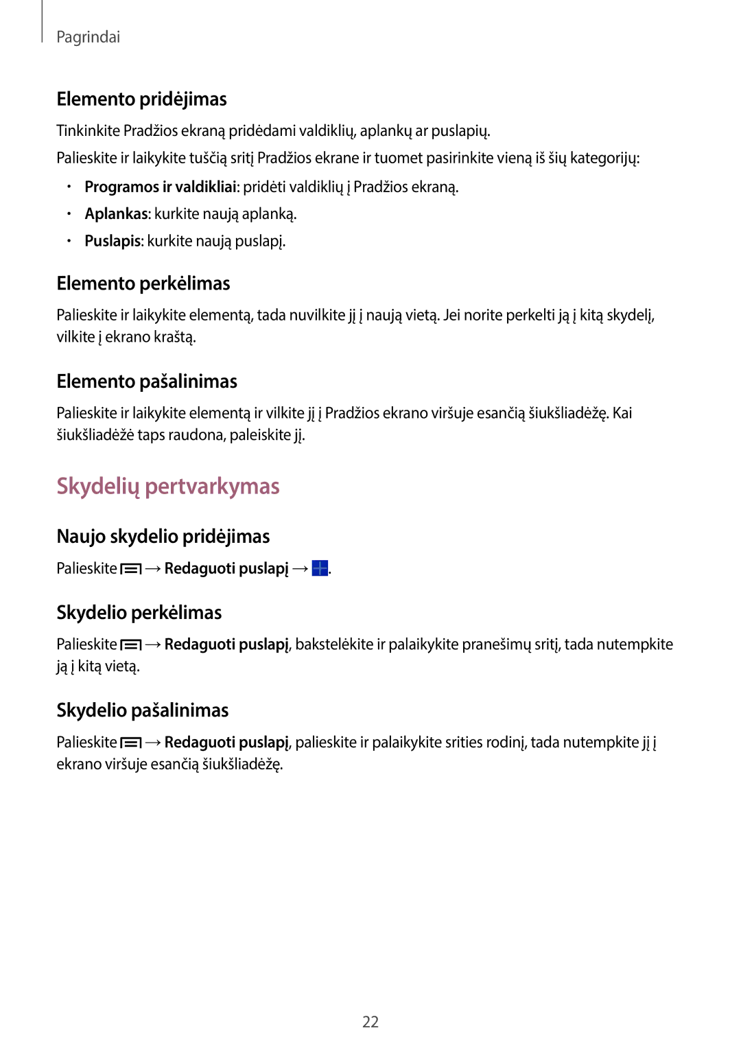 Samsung GT-P5210ZWASEB, GT-P5210MKASEB manual Skydelių pertvarkymas 