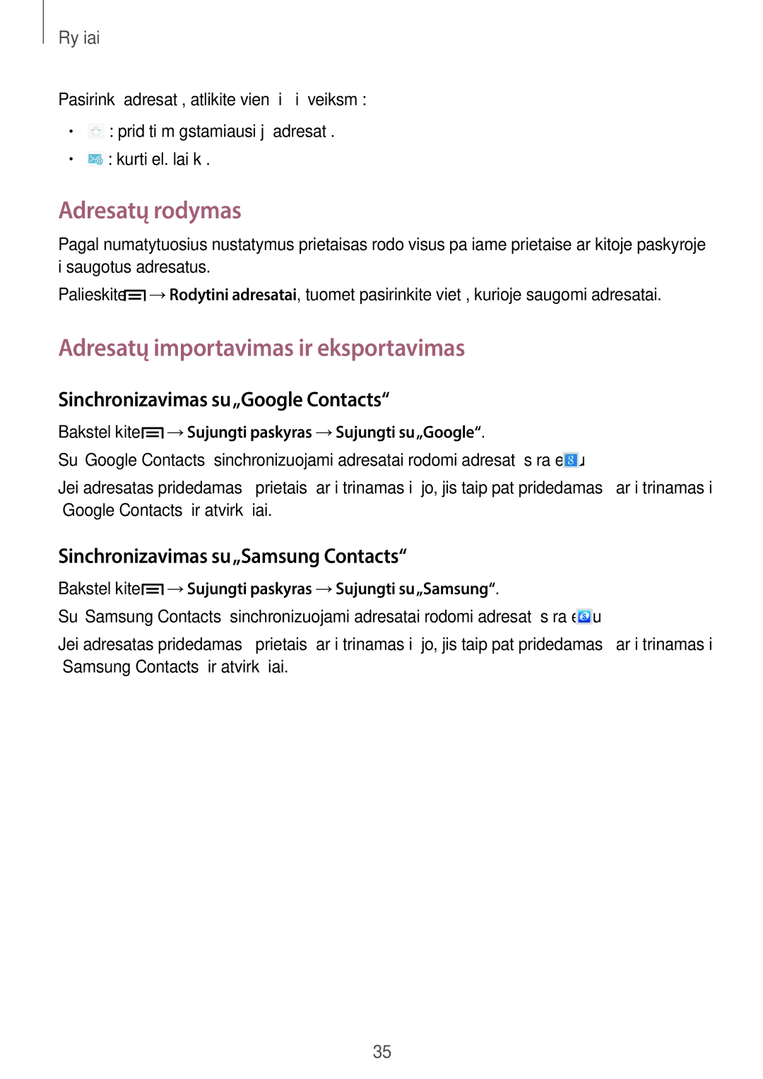 Samsung GT-P5210MKASEB manual Adresatų rodymas, Adresatų importavimas ir eksportavimas, Sinchronizavimas su„Google Contacts 