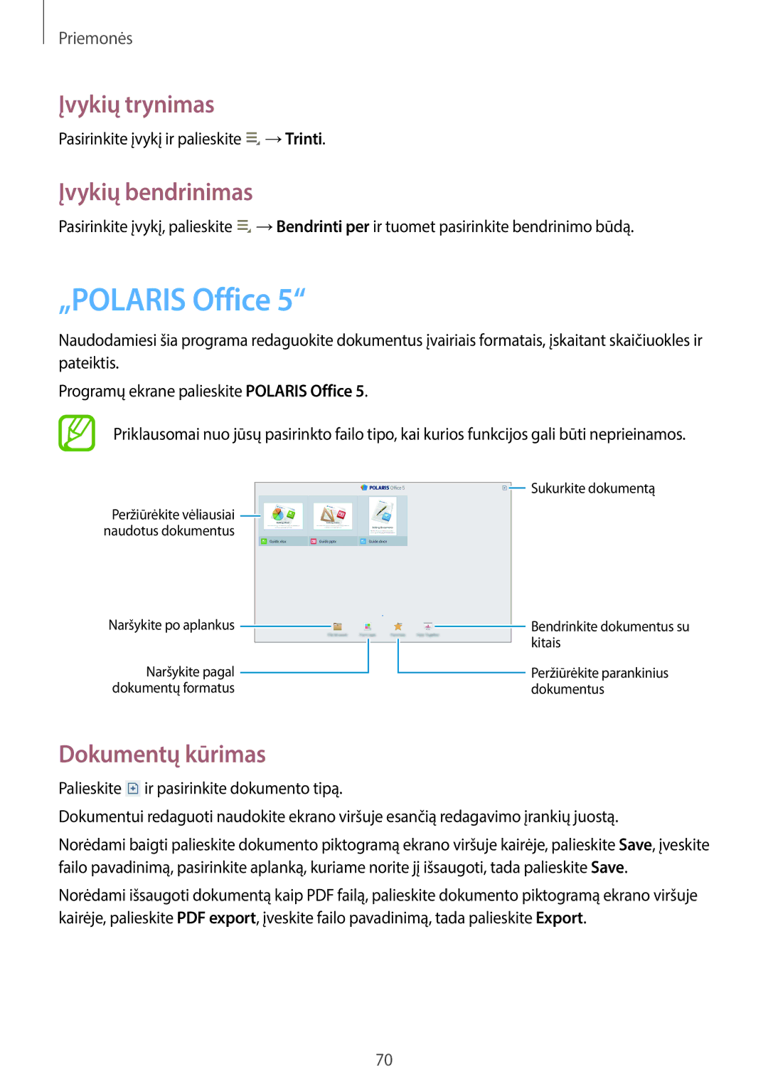 Samsung GT-P5210ZWASEB, GT-P5210MKASEB manual „POLARIS Office, Įvykių trynimas, Įvykių bendrinimas, Dokumentų kūrimas 