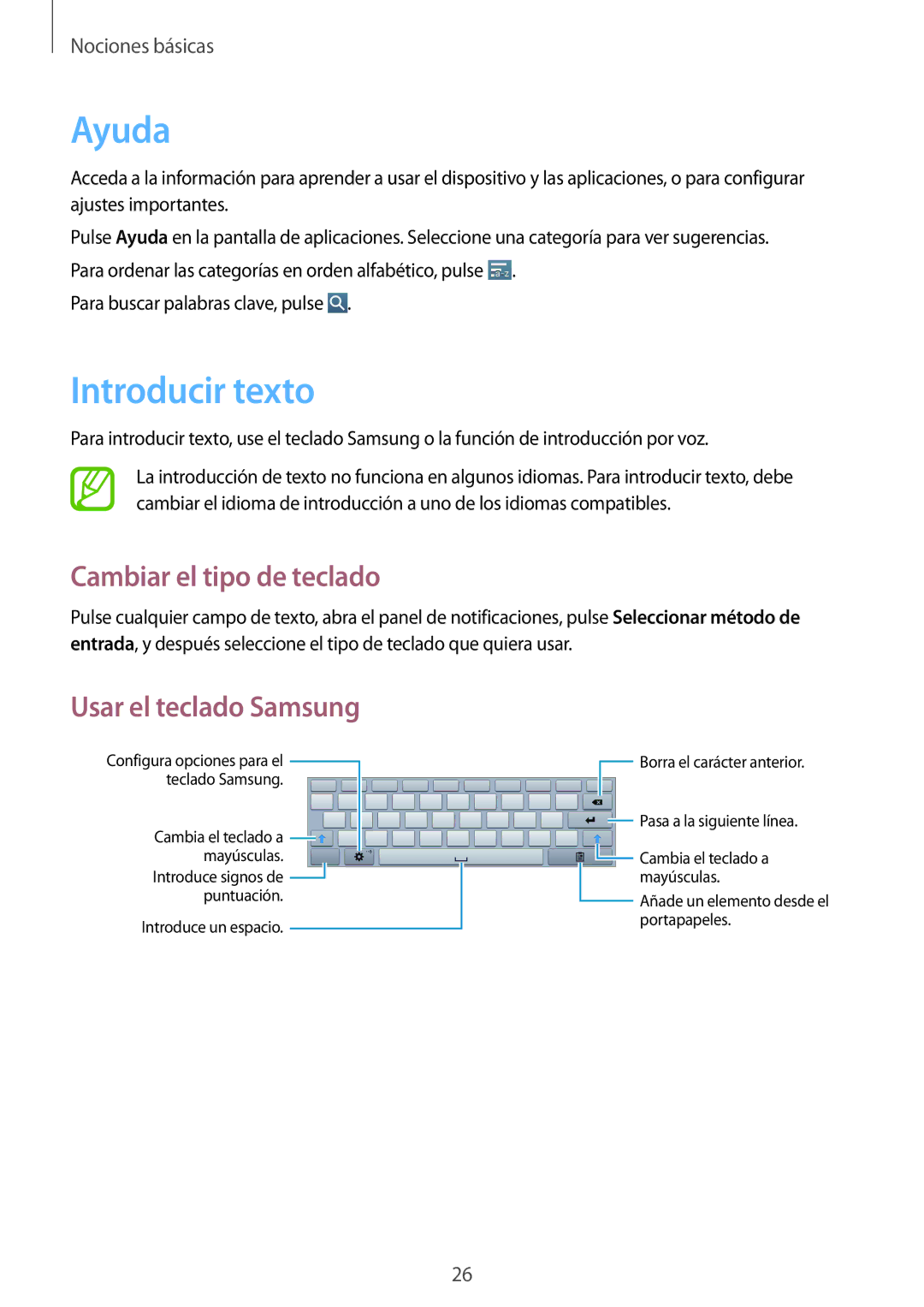 Samsung GT-P5210ZWAXEF, GT-P5210ZWAXEO manual Ayuda, Introducir texto, Cambiar el tipo de teclado, Usar el teclado Samsung 